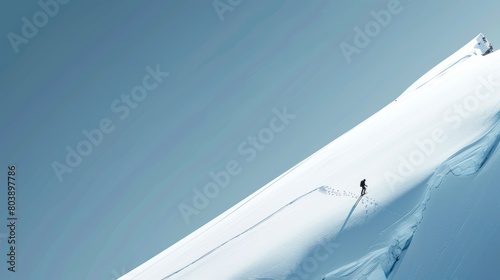 A lone skier ascends a pristine, snow-covered slope under a clear blue sky, showcasing the vastness of the wintry landscape. Created with Generative AI