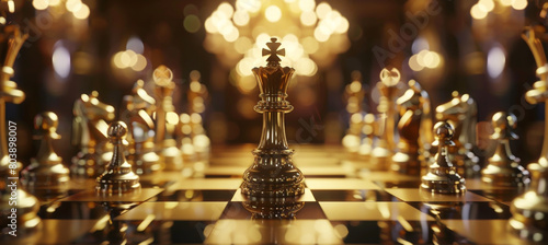 an image showing a golden king standing in the middle of the chess,