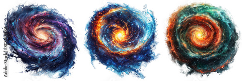 colourful watercolour style spiral galaxy collection, illustration bundle of three galactic star vortex isolated on a transparent background