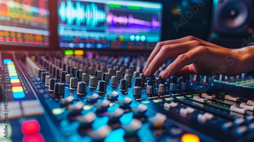 Vibrant studio mixer console in music production setting