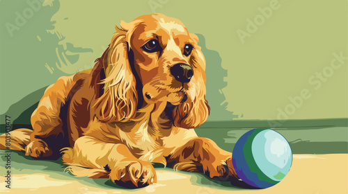 Cute cocker spaniel with toy near green wall style