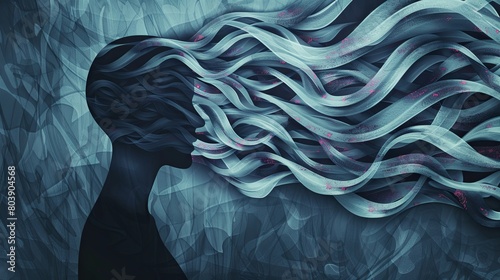Ethereal abstract silhouette with flowing hair and sparkling light effects