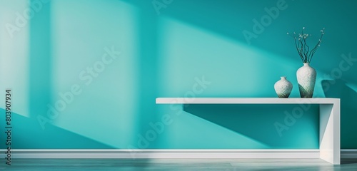 A bright, aquamarine wall background, the color vivid and immersive, setting the scene for a sleek, white modernist console table.