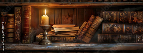 an old bookshelf with a candle on it
