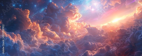 A dreamlike landscape filled with shimmering pearly clouds and iridescent rainbows