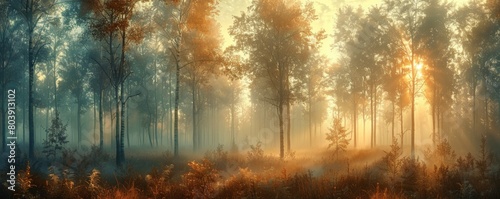 Mysterious forest in the morning mist. Panoramic image