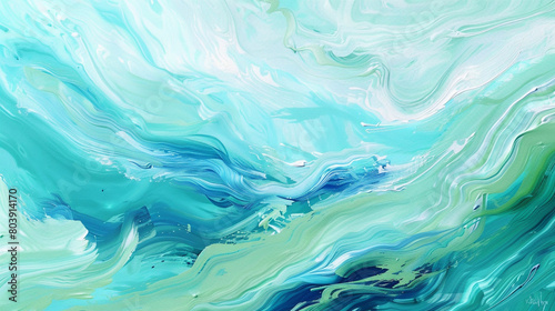 Canvas painting depicting the serene ocean flow in turquoise and sage with vibrant brushstrokes.
