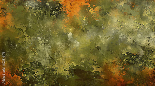 Nature's decay and rebirth artistically rendered in an abstract expressionist oil painting with olive green and rust orange.