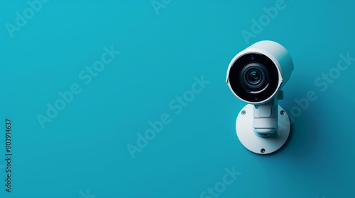 A white CCTV camera stands sentinel against a vibrant blue wall, a silent observer in the ever-watchful realm of surveillance.