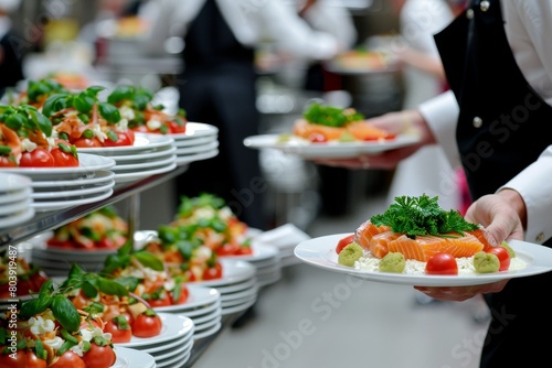 Waiter serving fresh fish dish at elegant wedding reception or festive event in a classy restaurant