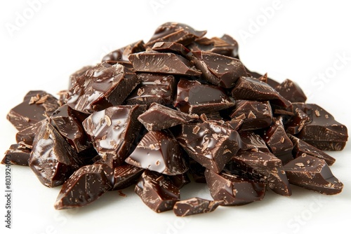 Chopped and milled chocolate isolated on white background, sweet dessert ingredients