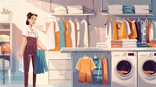 Female worker of modern drycleaner with clothes