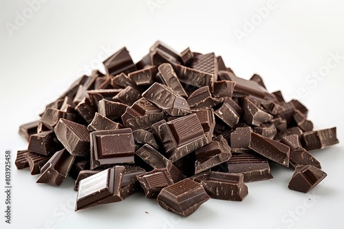 Chopped and milled chocolate stack on white background for confectionery or baking recipes