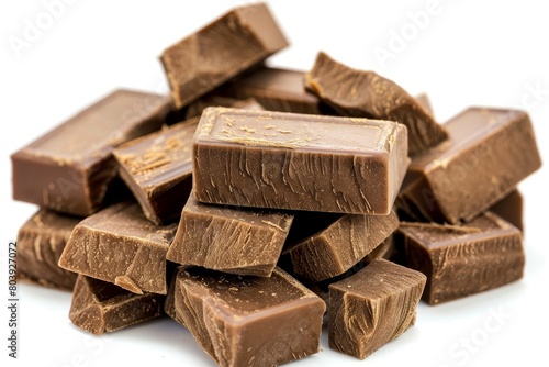 Chopped and milled chocolate pile on white background, confectionery and dessert concepts