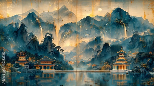 Edge-Lit Ancient Chinese Architecture: Handscroll Art, Detailed Compositions, Naturalistic Flora and Fauna, Historical Aerial View
