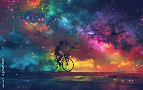 man riding a bicycle with colorful energy, digital art style, illustration painting with stars in front of the Milky Way galaxy