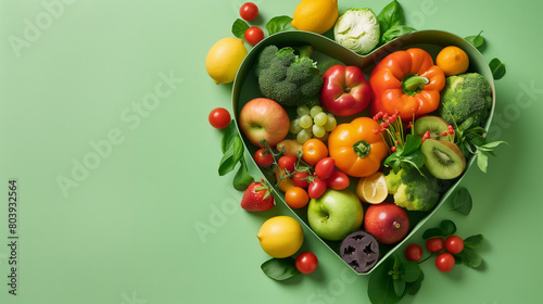 A green cardboard heart-shaped box filled with an assortment of healthy foods, including fruits, vegetables, and nuts, set against a vibrant green background. The composition exudes freshness 