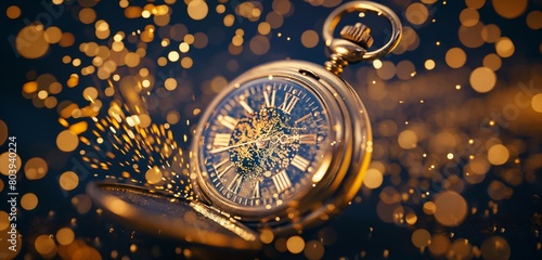 A close-up of a vintage, gold pocket watch open at midnight, surrounded by a spray of golden sparkles against a dark background.