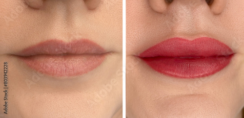 collage of permanent makeup on the lips of a young woman of a delicate peach shade close-up, a girl before and after a cosmetic procedure with smooth and clean healthy skin.