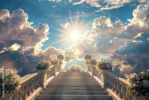 A set of stairs leading to heaven, with clouds and light rays in the background. 