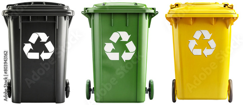 Collection of three recycling bins in different colors (black, green and yellow) isolated on a white background