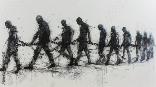 Black and white painting of faceless people walking in a row, chained together.