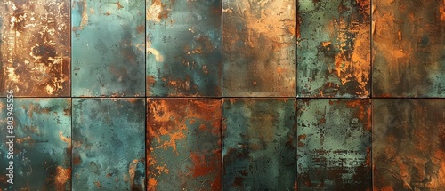 Weathered metallic textures in copper and bronze, with hints of verdigris green