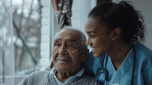 Home Care for the Elderly. Young Black Nurse Providing Home Assistance or Care Services to the Seniors. Generative AI