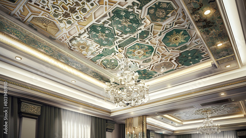 Office space with a ceiling showcasing Mughal motifs and sophisticated lighting.