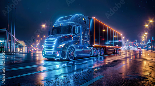 Truck on the road in night. Modern electric futuristic unmanned truck smart electric car. Logistics and cargo transportation concept