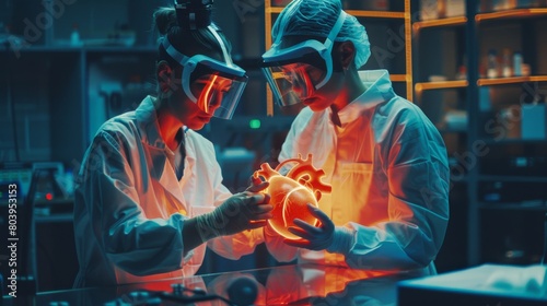 Researchers are examining heart transplants by projecting holographic images onto a table for analysis, Generated by AI