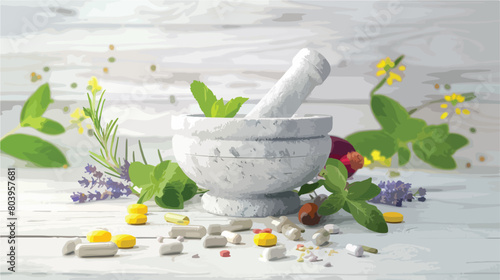 Stone mortar with pills and different herbs on whit