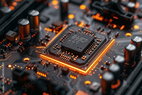 "Close-Up of Processor Chip on Circuit Board: AI Theme, High-Quality 8K Computer Render, Empowering Artificial Intelligence Collaboration"