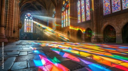 The interior of a grand cathedral during a peaceful moment, sunlight streaming through stained glass windows, casting colorful patterns on the ancient stone floor.