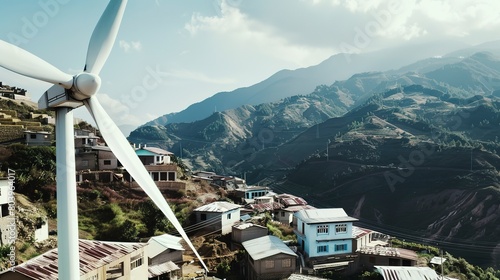 Detailed view of a wind turbine in a remote village, illustrating how isolated communities harness wind for sustainable electricity. 