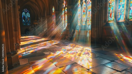 The interior of a grand cathedral during a peaceful moment, sunlight streaming through stained glass windows, casting colorful patterns on the ancient stone floor.