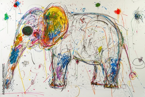 The hand drawing colourful picture of the elephant that has been drawn by the colored pencil, crayon or chalk on white blank background that seem to be drawn by the child that willing to draw. AIGX01.