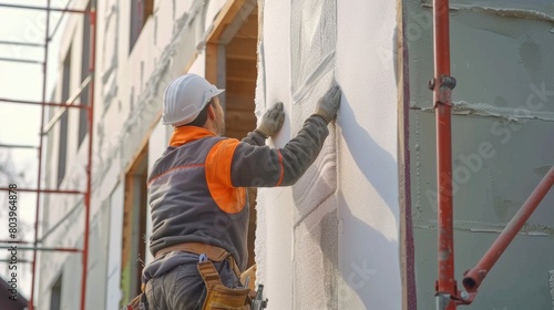 Construction worker installing styrofoam insulation sheets for thermal protection