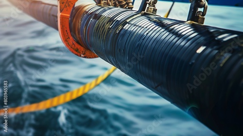 Intense close-up of a submarine power cable being installed to connect offshore energy sources to the mainland grid. 