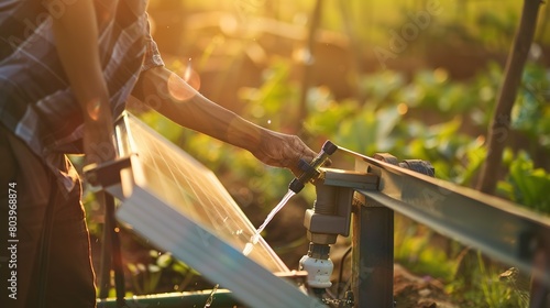Macro image of a farmer adjusting a solar-powered water pump, focusing on irrigation powered by renewable energy. 