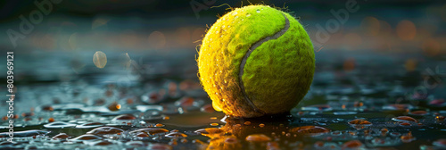 Wet Tennis Ball on a Rainy Court Surface Illuminated at Twilight