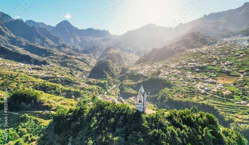 Sunny day with aerial view of Capelinha de Nossa Senhora de Fatima, Sao Vicente, Madeira Island, Portugal