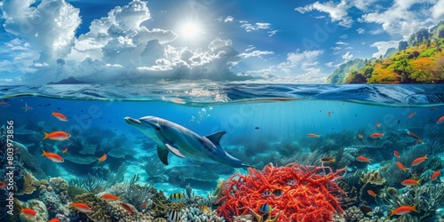 Above and below surface of the Caribbean sea with coral reef, fishes and dolphin underwater and a cloudy blue sky.