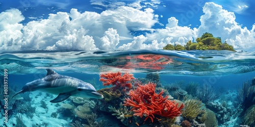 Above and below surface of the Caribbean sea with coral reef, fishes and dolphin underwater and a cloudy blue sky.
