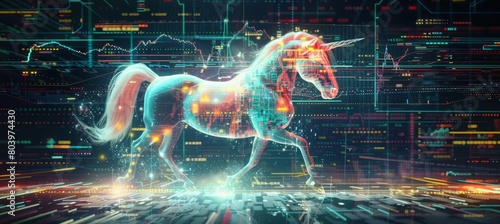 Digital unicorn horse on futuristic background. Generative AI technology.