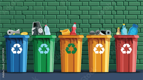 Trash bins with recycling symbol and different garbage 