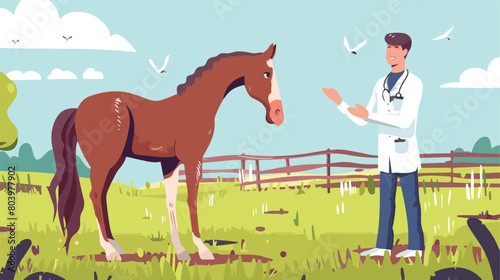 Veterinarian examining cute horse outdoors Vector style