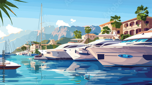 View of modern yachts at resort on sunny day Vector style