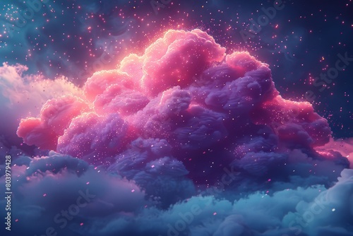 Bright pink clouds, glowing magically among small bright specks, resembling stars in a night sky