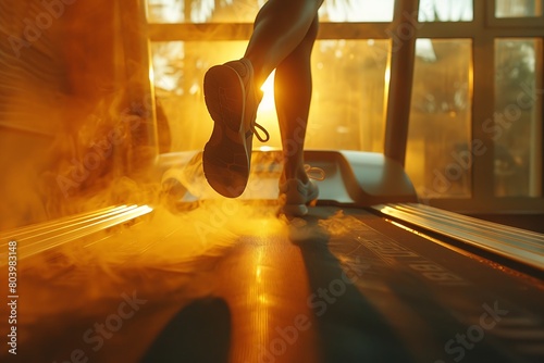 a person running on a treadmill during the golden hour, with the focus on the runner's sneakers